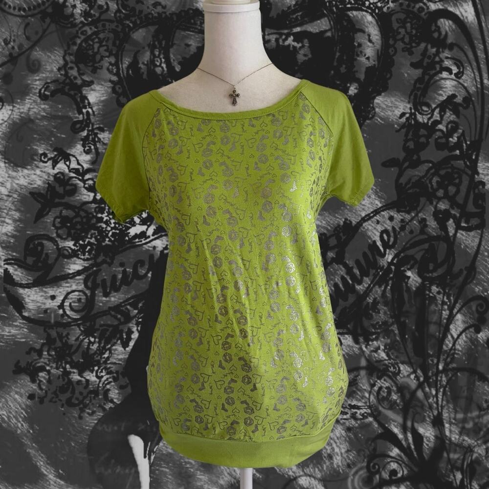 metallic glitter silver heart lips doodle lime green Y2K top